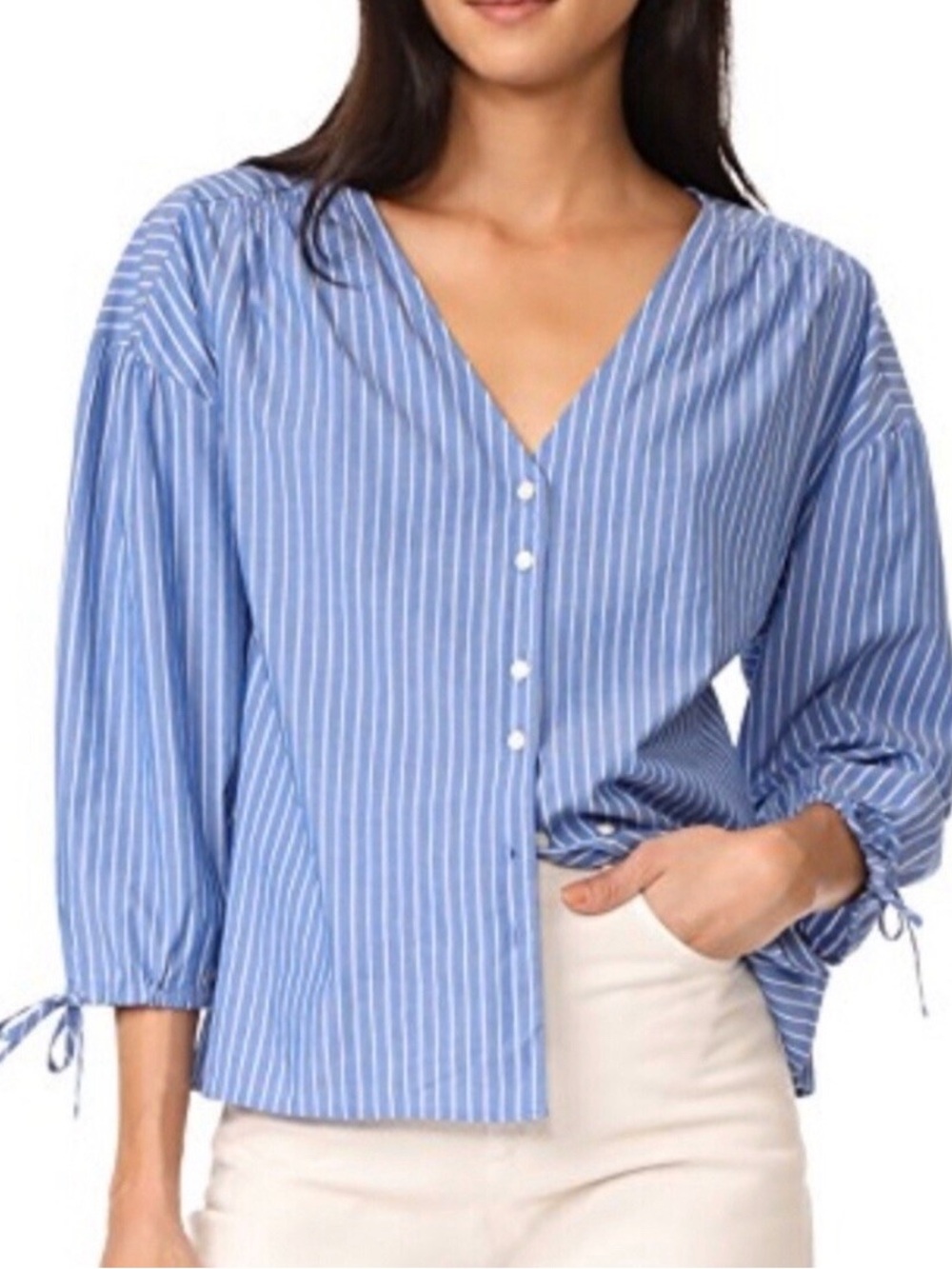 Madewell Blue White Striped Tie Sleeves Button Down V-Neck Shirt size Small